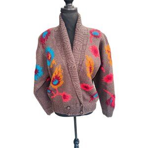 Vintage D. Terrell Ltd. 80s Y2K Boho Floral Cardigan Mohair Brown Wool Sweater